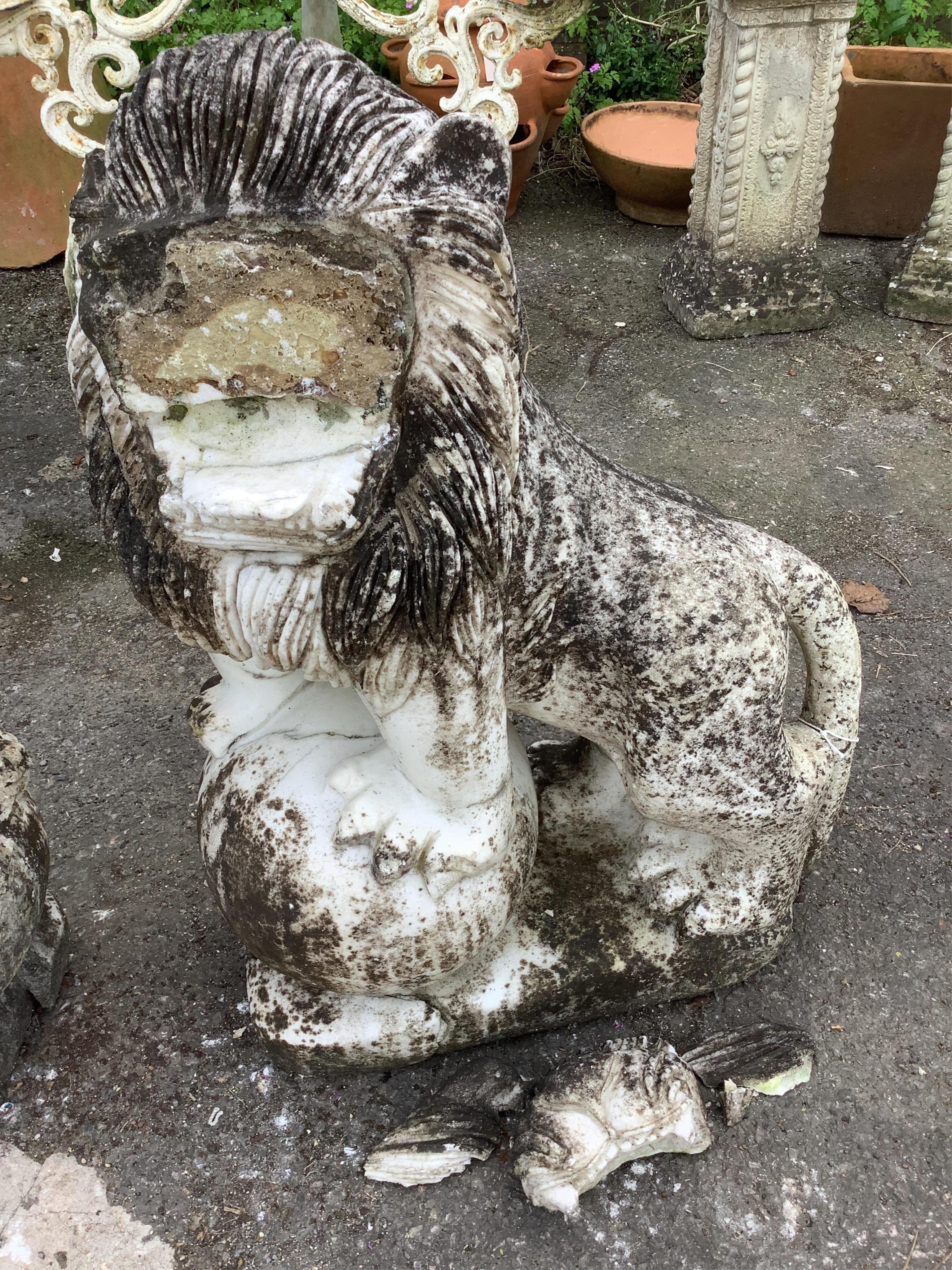 A pair of Chinese style reconstituted white marble models of kylin, (one in need of repair), height 71cm